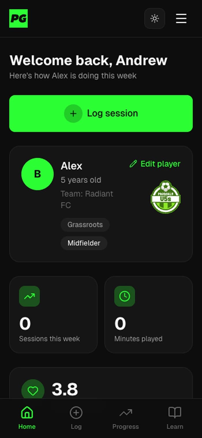 ProGoals dashboard on mobile