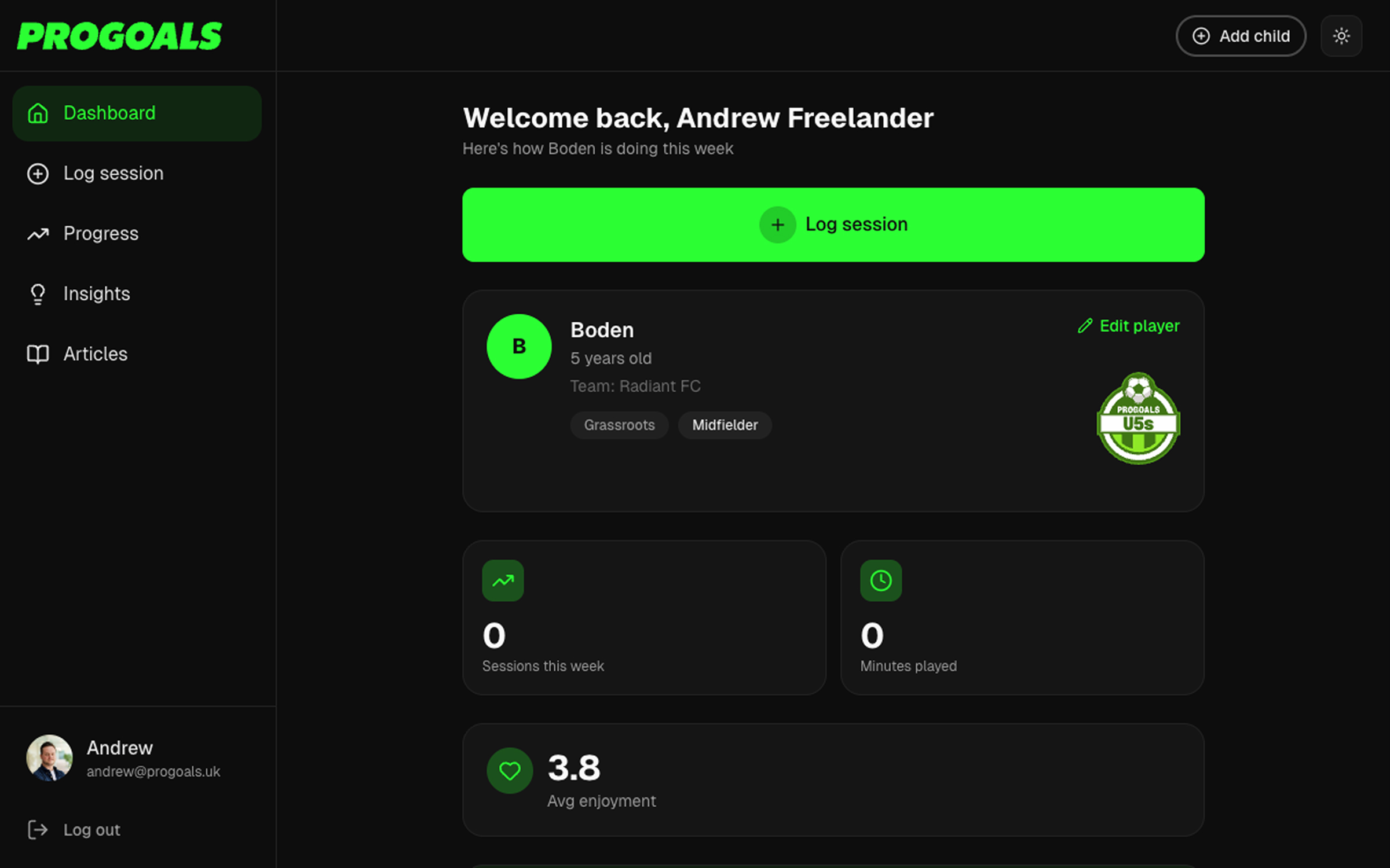 ProGoals Dashboard screen