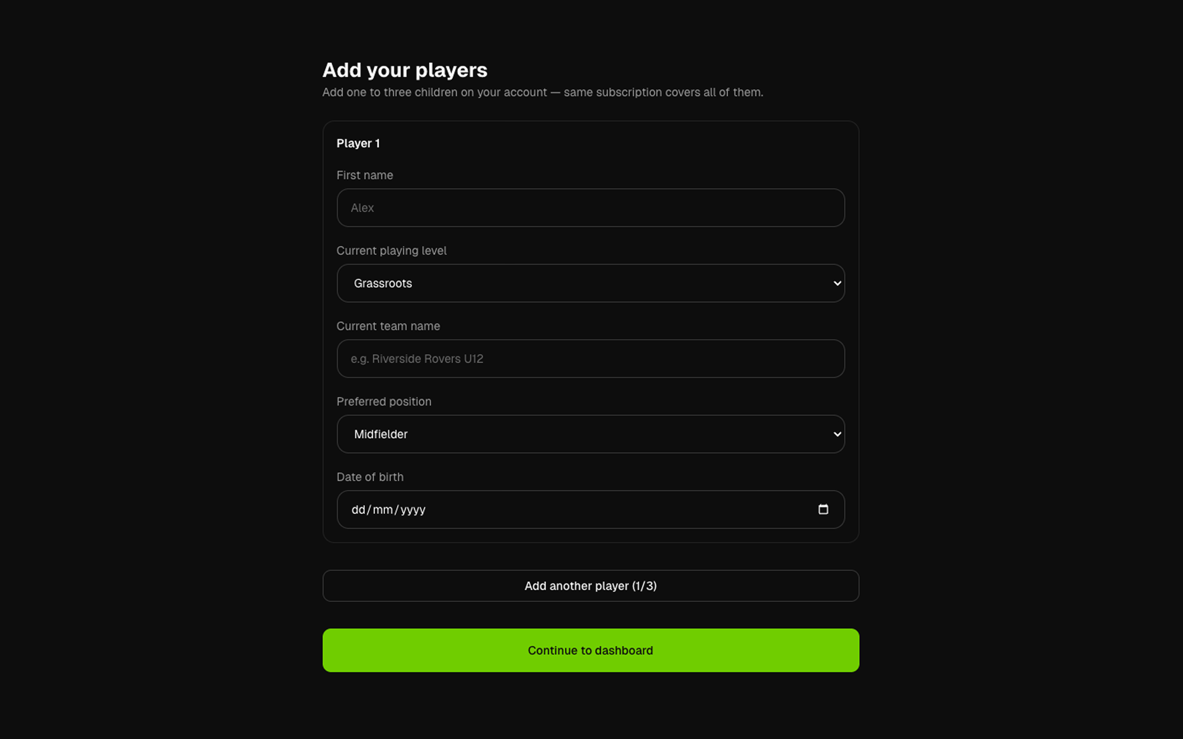 ProGoals — create your account and add your child